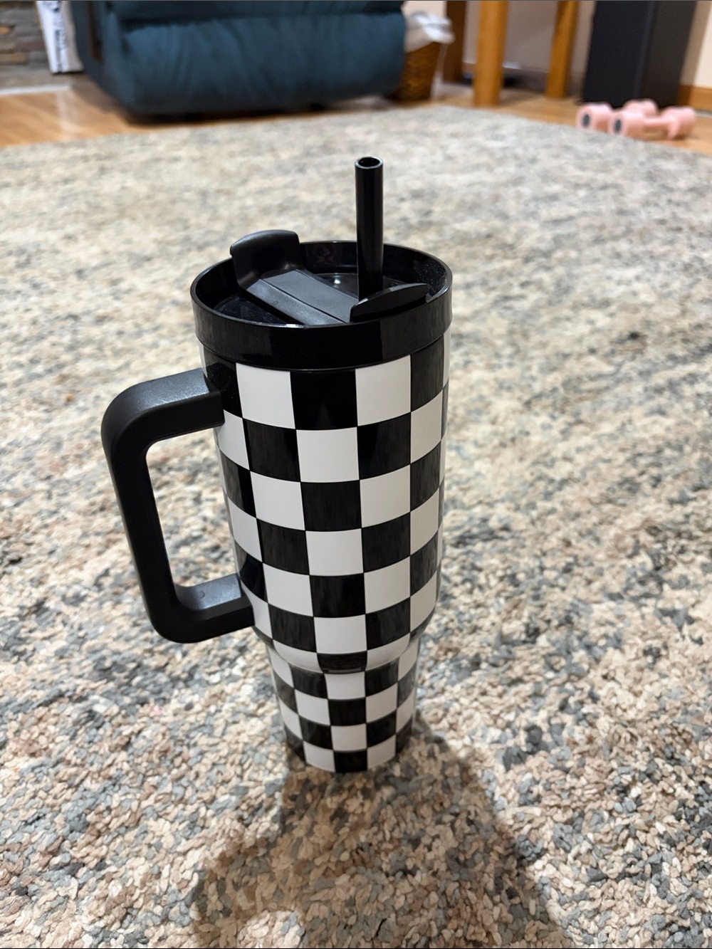 Black & White Checkered Travel Mug with Handle and Straw - Picture 1 of 7